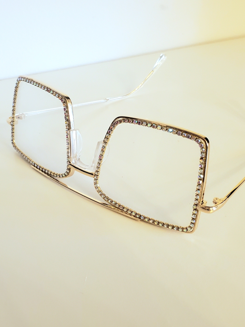 Gold Square Iridescent Rhinestone Rim Women's Glasses No Rx - Picture 3 of 3